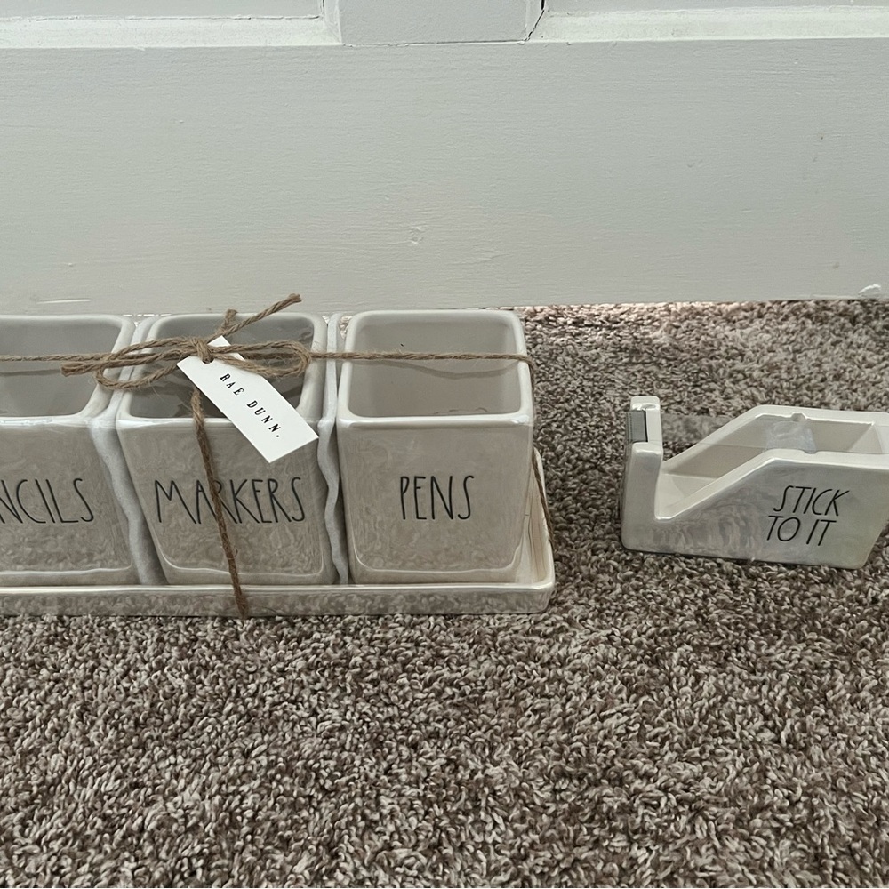 Rae Dunn Stationary Set with Tape Dispenser & Desktop Storage Organizer